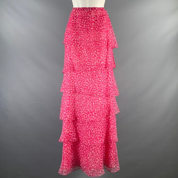OSCAR DE LA RENTA Size 8 Pink White Dots Ruffle Long Skirt - Picture 1 of 6